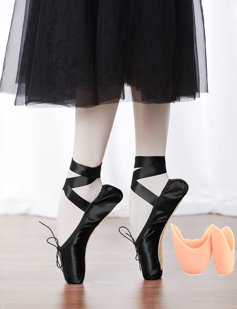 Daydance Black Pointe Shoes for Girls, Ribbon Ballet Shoes with Toe Pads, US 13.5 Little Kids - Image 4